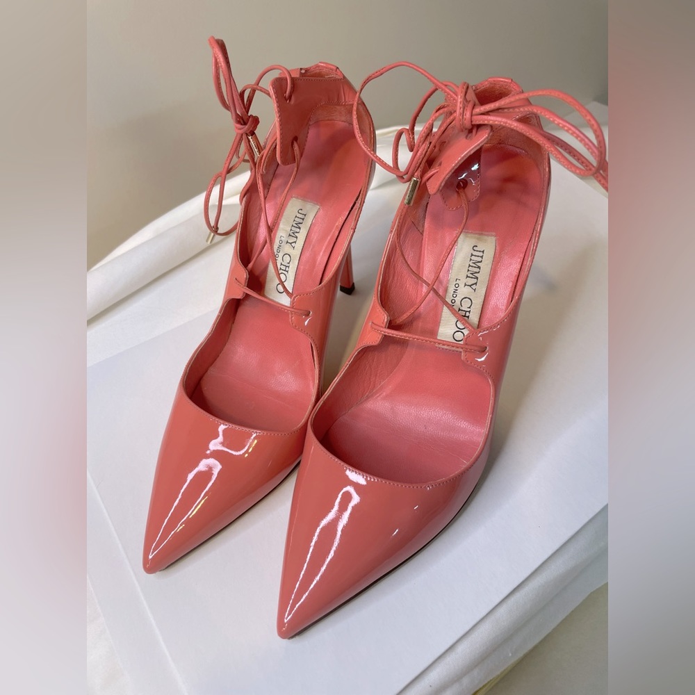Jimmy Choo Vita Pump, Lace-up Heels Patent Leather Geranium (Coral Pink) 36 1/2